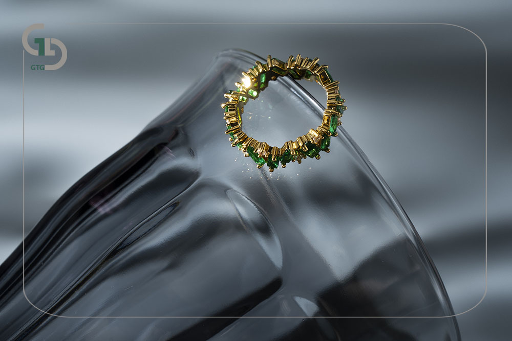 view luxurious golden ring with transparent glass
